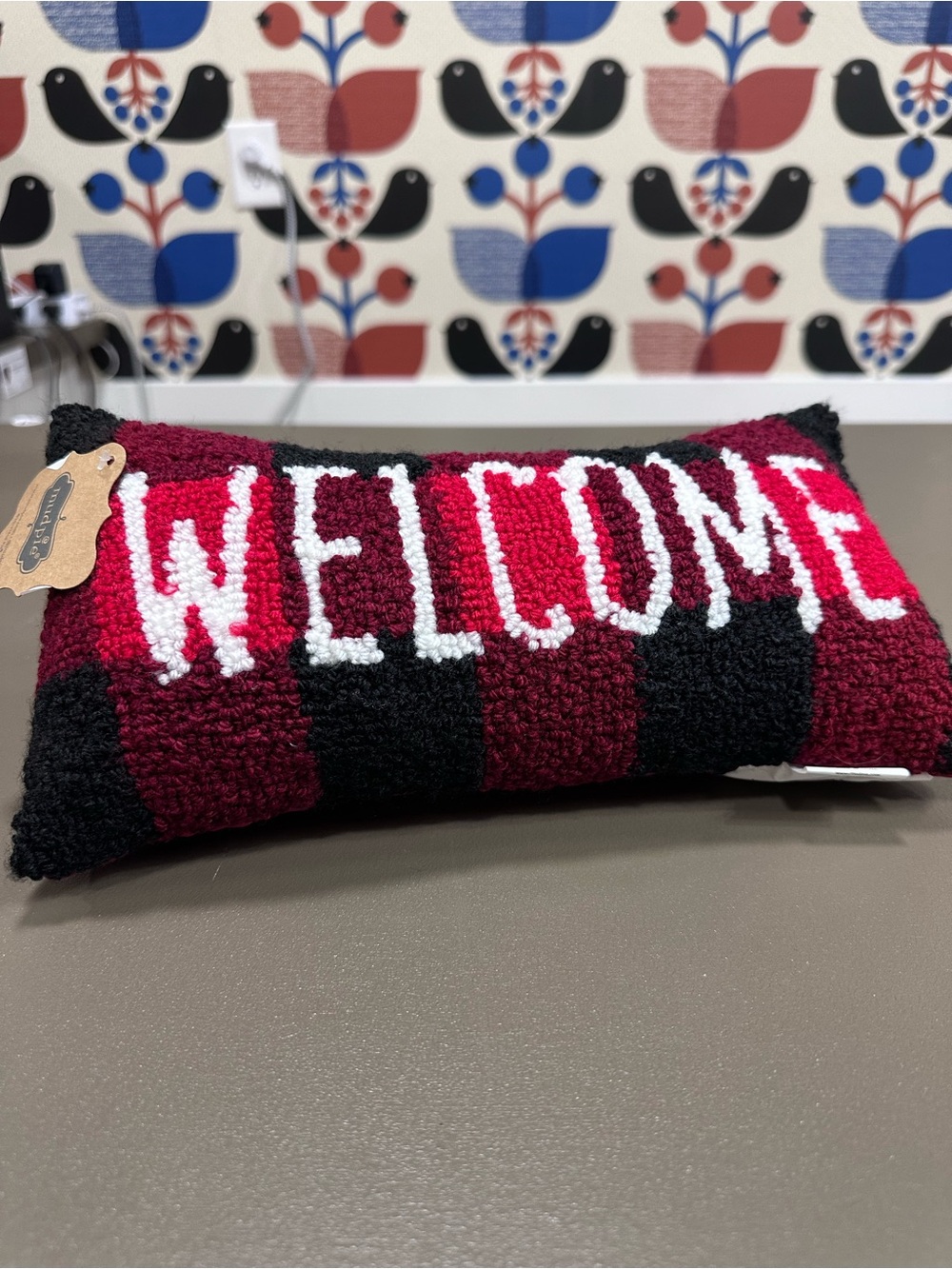 Welcome Holiday Throw Pillow - Red, Black & White Buffalo Check Mud Pie Small
